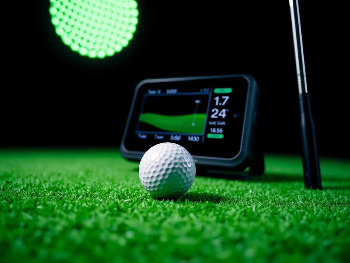 High-tech golf launch monitor on artificial turf